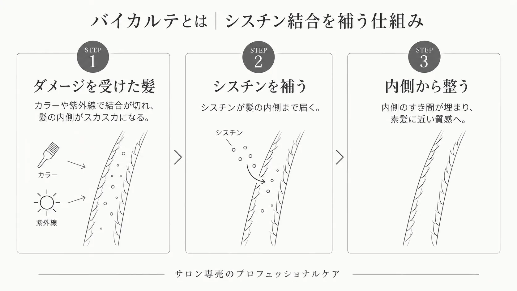 バイカルテがシスチン結合を補う3ステップの図